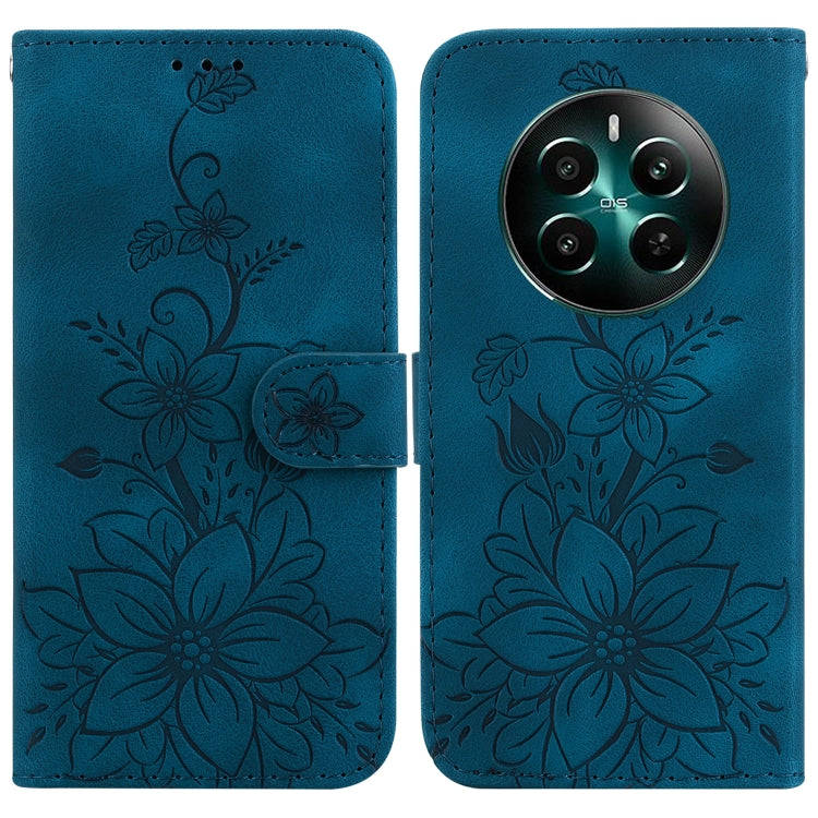 Teal embossed floral leather phone case with magnetic strap and camera cutouts