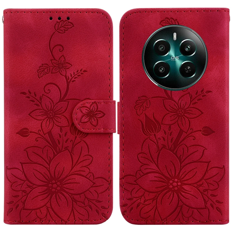 Floral embossed leather phone wallet case, red, magnetic strap, camera cutout