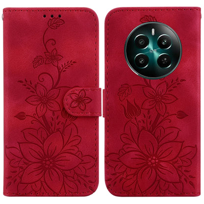 Floral embossed leather phone wallet case, red, magnetic strap, camera cutout