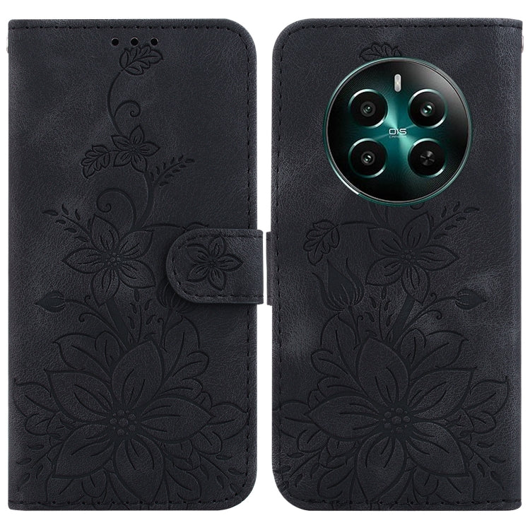 Floral embossed leather phone wallet case, dark gray/black, magnetic strap, camera cutout