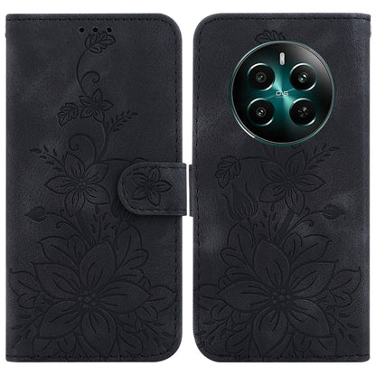 Floral embossed leather phone wallet case, dark gray/black, magnetic strap, camera cutout