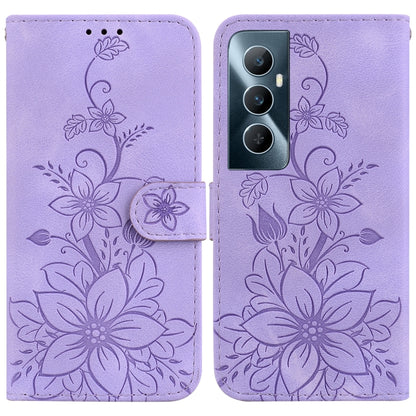 Purple embossed leather wallet phone case with floral pattern, card slot, and flip cover