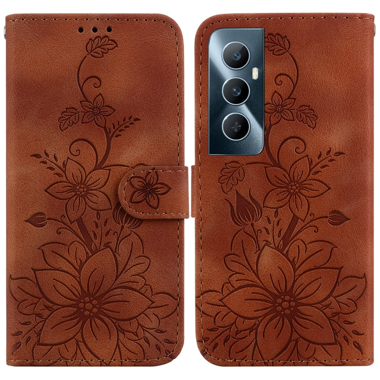 Brown floral embossed leather phone case with card slot and magnetic flip cover