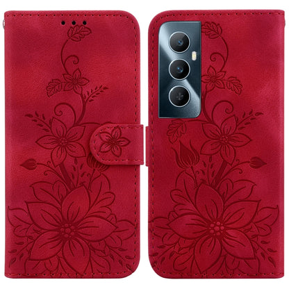 Red floral embossed leather phone case with card slot and magnetic flip cover