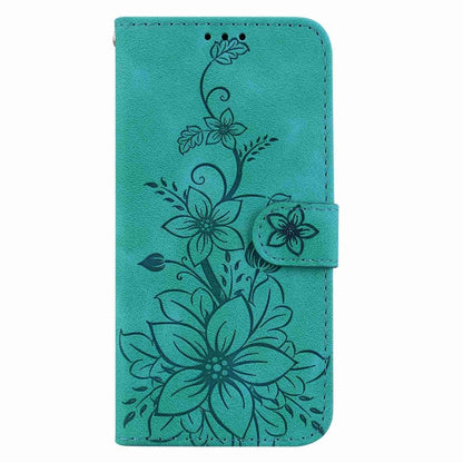 Green embossed leather phone wallet case with floral pattern and side folio flap