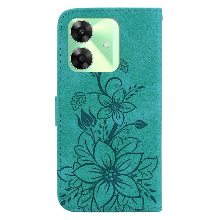 Green embossed leather phone wallet case with floral pattern, phone camera cutouts