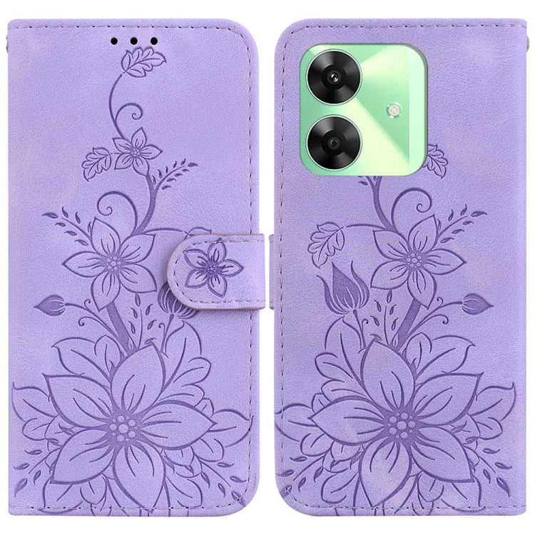 Purple embossed leather phone wallet case with floral pattern and folio flap