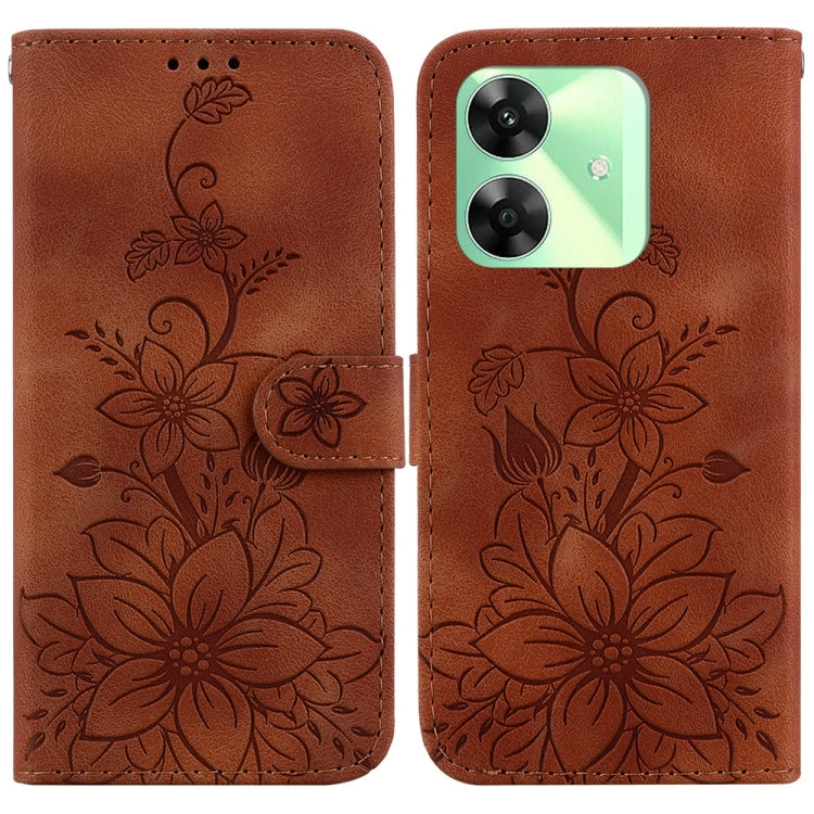 Brown embossed leather phone wallet case with floral pattern and folio flap