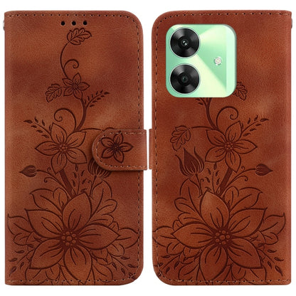 Brown embossed leather phone wallet case with floral pattern and folio flap