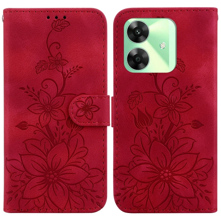 Red embossed leather phone wallet case with floral pattern and folio flap