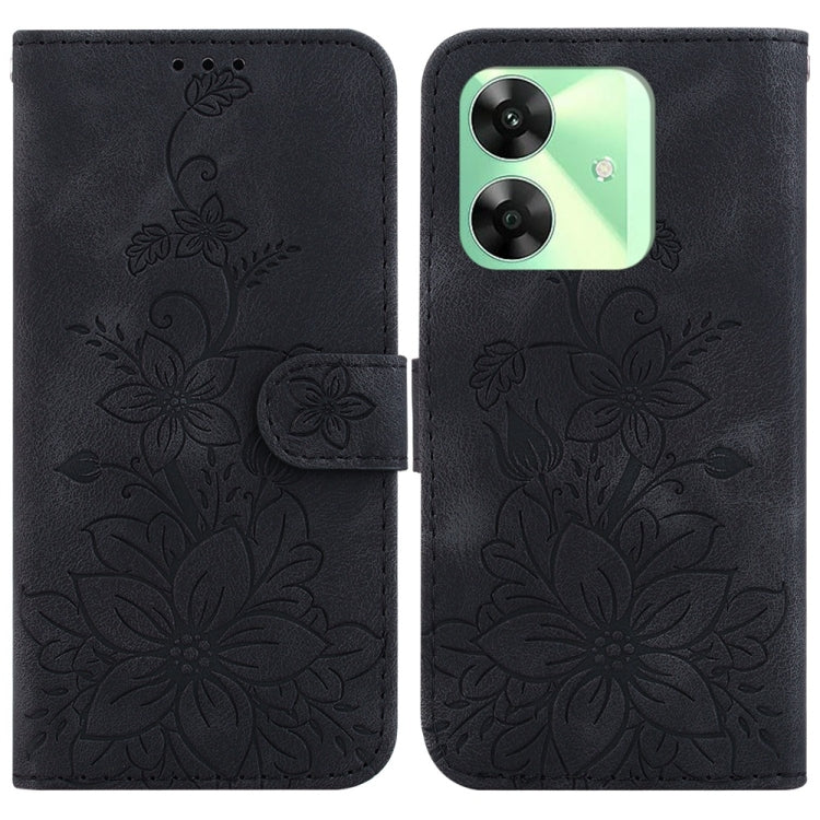 Black embossed leather phone wallet case with floral pattern and folio flap