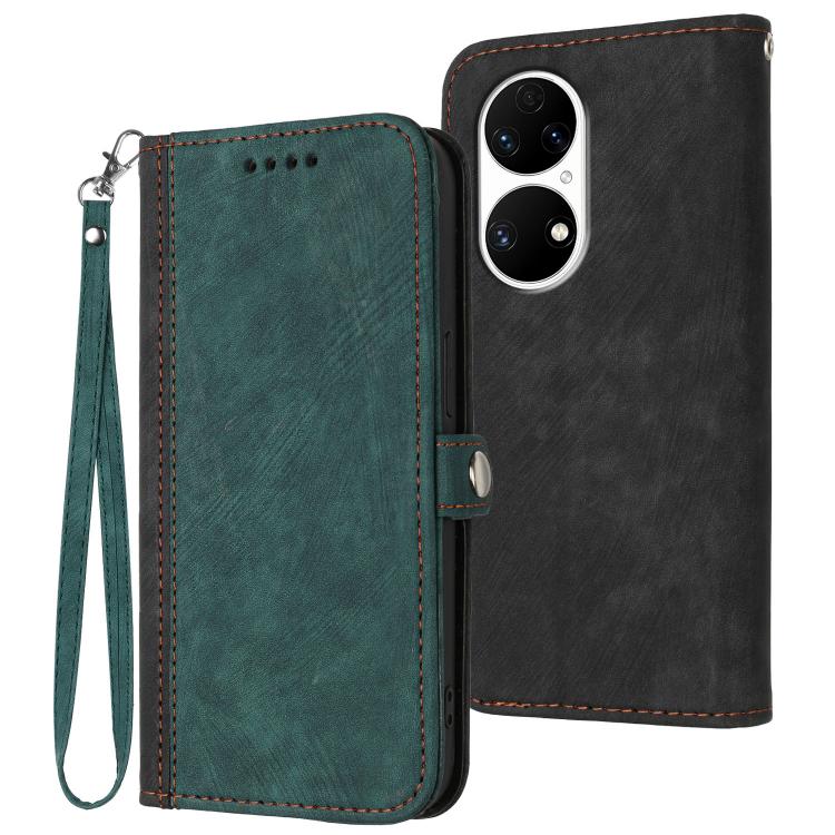 Leather phone case with wrist strap, side buckle, double-fold design in dark teal