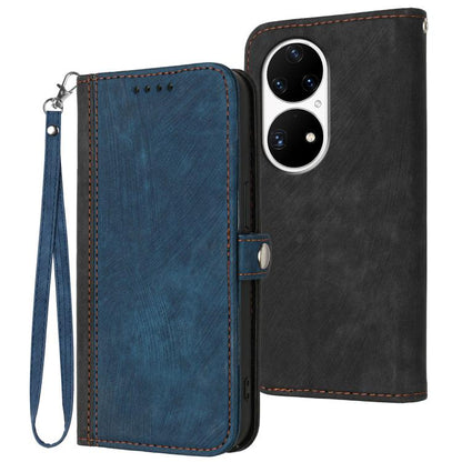 Blue leather double-fold phone case with wrist strap and side buckle; card slot cutouts