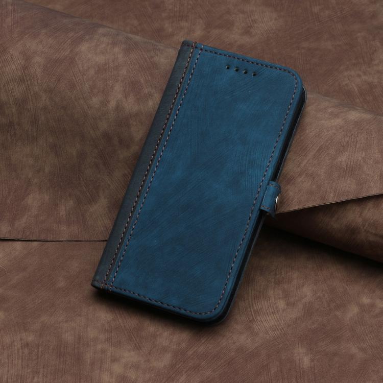 Blue leather wallet phone case with stitched edges, front view