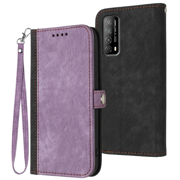 Leather phone case with wrist strap, side buckle, double-fold design in purple