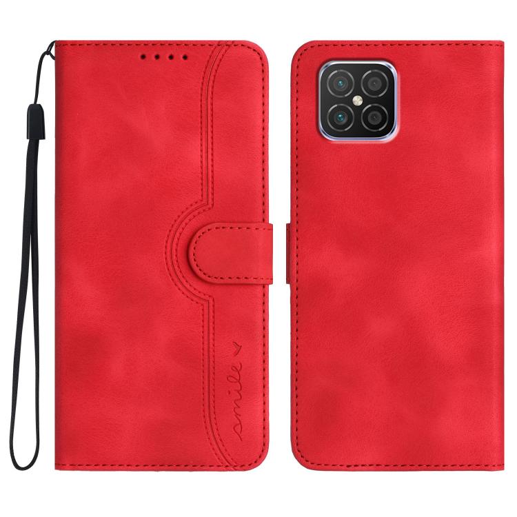 Bright red wallet-style leather phone case with heart-pattern cutout and wrist strap