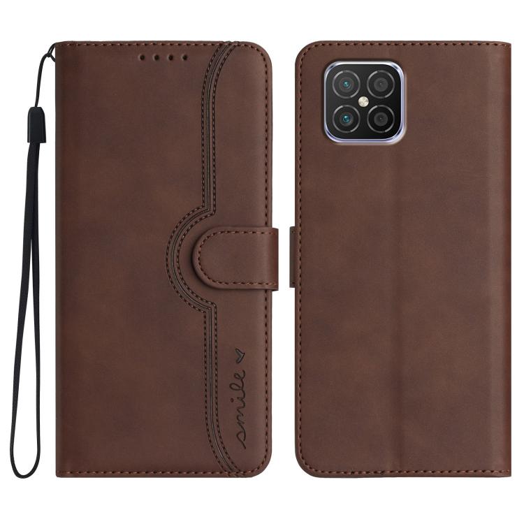 Brown leather phone case with wrist strap, heart-pattern flip cover, card slot
