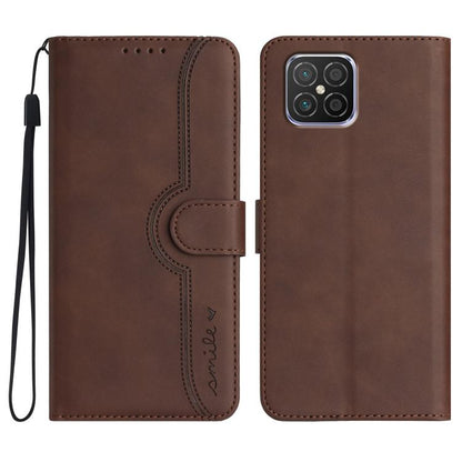 Brown leather phone case with wrist strap, heart-pattern flip cover, card slot