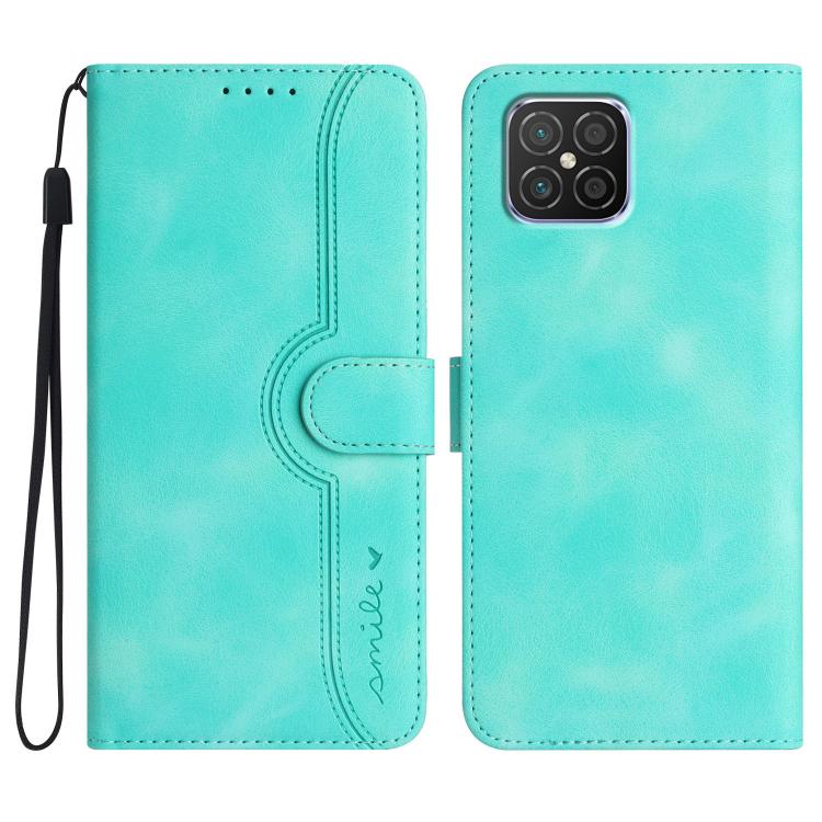 Light blue leather phone case with wrist strap, heart-pattern flip cover, card slot