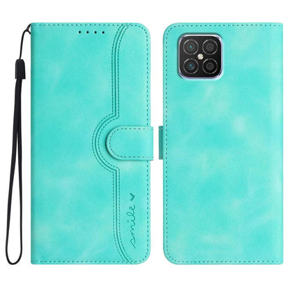 Light blue leather phone case with wrist strap, heart-pattern flip cover, card slot