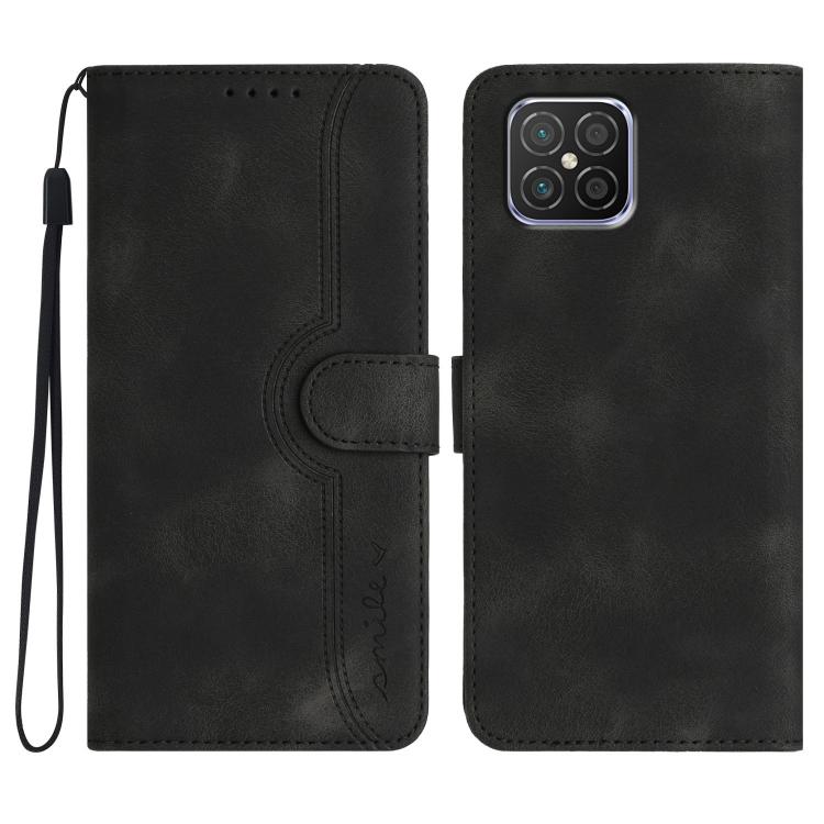 Black leather phone case with wrist strap, heart-pattern flip cover, card slot