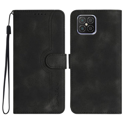 Black leather phone case with wrist strap, heart-pattern flip cover, card slot
