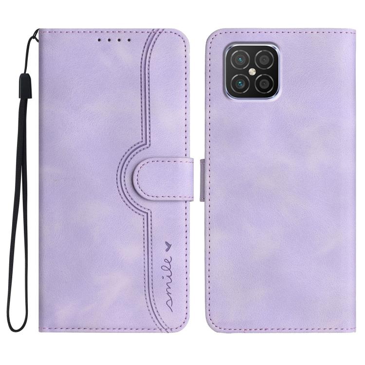 Purple leather phone case with wrist strap, heart-pattern flip cover, card slot