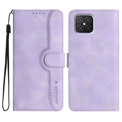 Purple leather phone case with wrist strap, heart-pattern flip cover, card slot