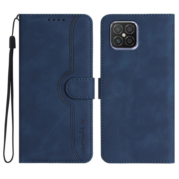 Navy blue leather phone case with wrist strap, heart-pattern flip cover, card slot