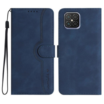 Navy blue leather phone case with wrist strap, heart-pattern flip cover, card slot