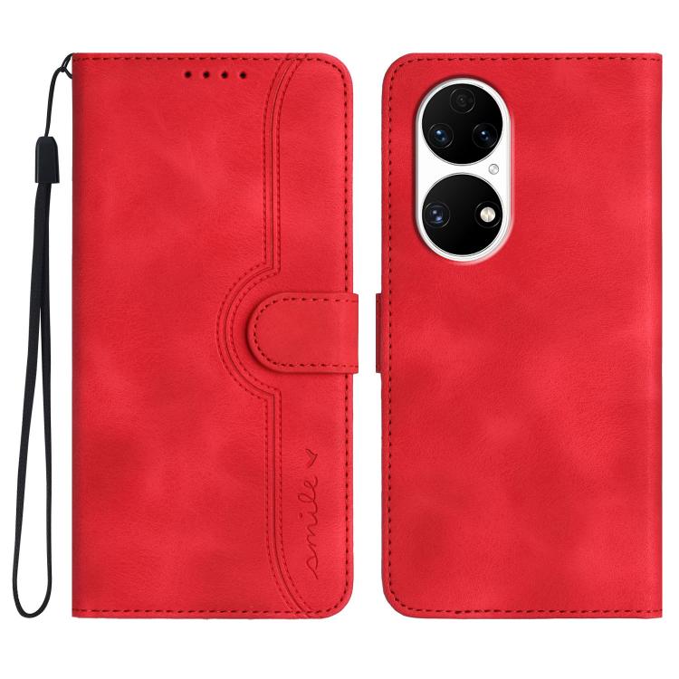 Red leather wallet-style phone case with wrist strap, stitched panel, and camera cutout