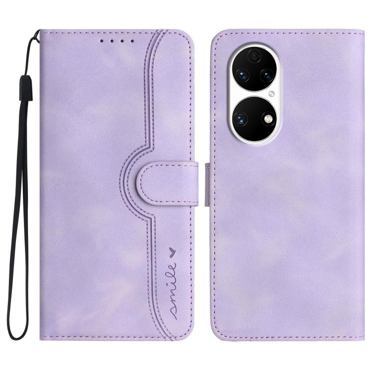 Purple wallet-style leather phone case with heart-pattern cutout and wrist strap
