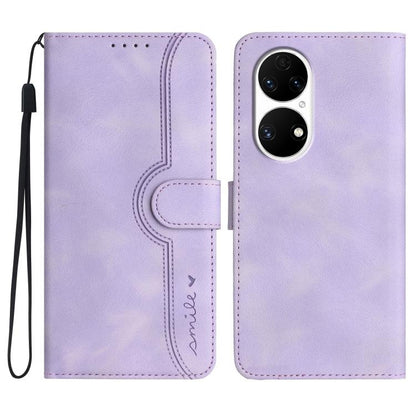 Purple wallet-style leather phone case with heart-pattern cutout and wrist strap