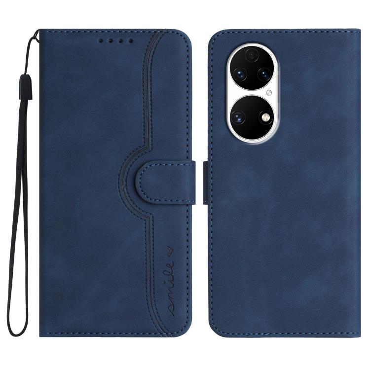 Navy wallet-style leather phone case with heart-pattern cutout and wrist strap