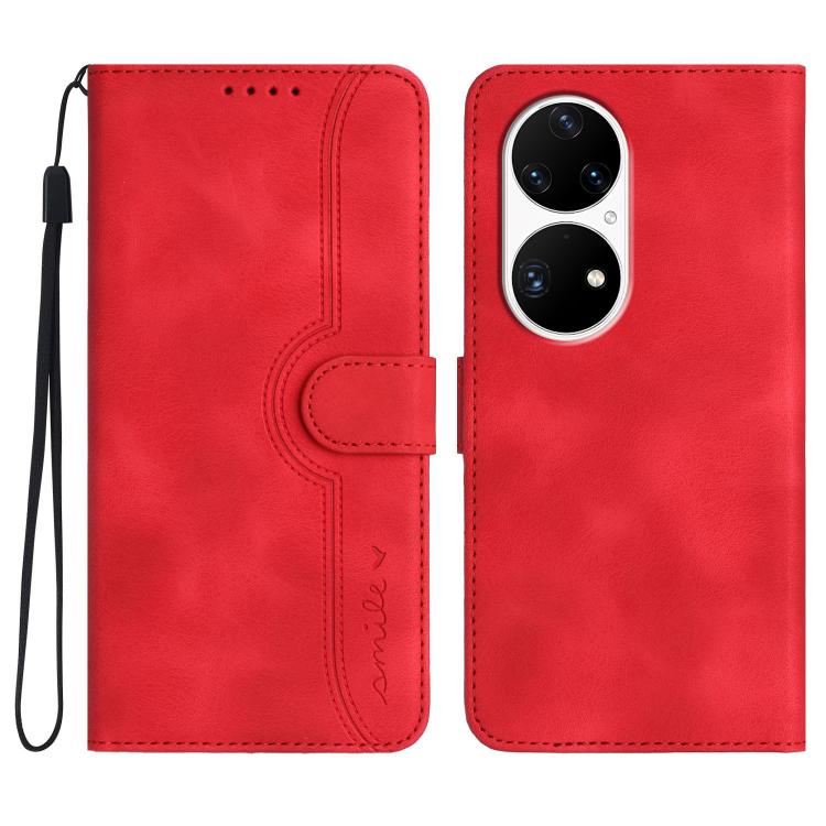 Red leather wallet-style phone case with wrist strap, stitched panel, and camera cutout