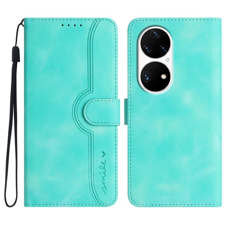 Light blue leather wallet-style phone case with wrist strap, stitched panel, and camera cutout