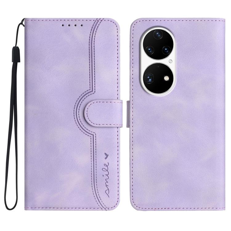 Purple leather wallet-style phone case with wrist strap, stitched panel, and camera cutout