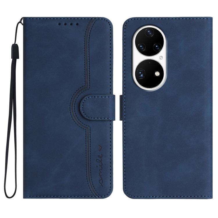 Blue leather wallet-style phone case with wrist strap, stitched panel, and camera cutout
