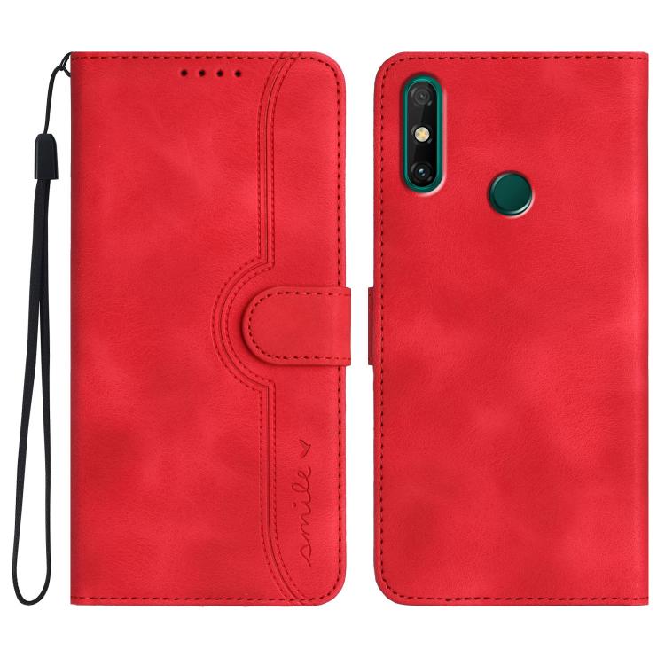 Red leather-look phone wallet case with heart-like stitching and wrist strap