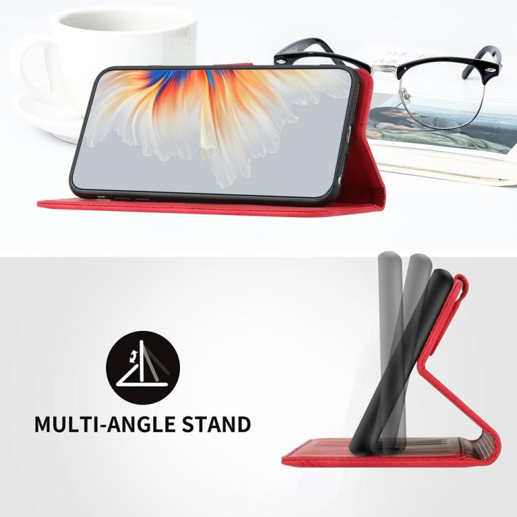 Red leather-look phone wallet case folded into a multi-angle viewing stand