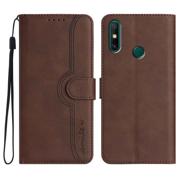 Brown leather-look flip phone case with heart-like stitching and wrist strap