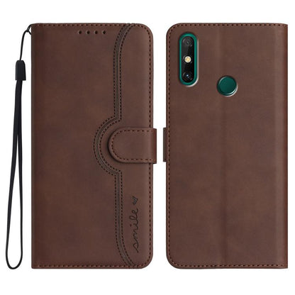 Brown leather-look flip phone case with heart-like stitching and wrist strap