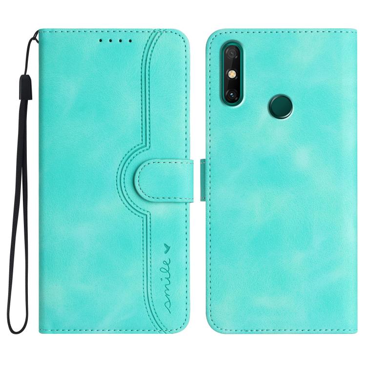 Light blue leather-look flip phone case with heart-like stitched panel and wrist strap