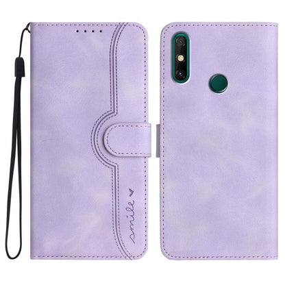 Purple leather-look flip phone case with heart-like stitched panel and wrist strap