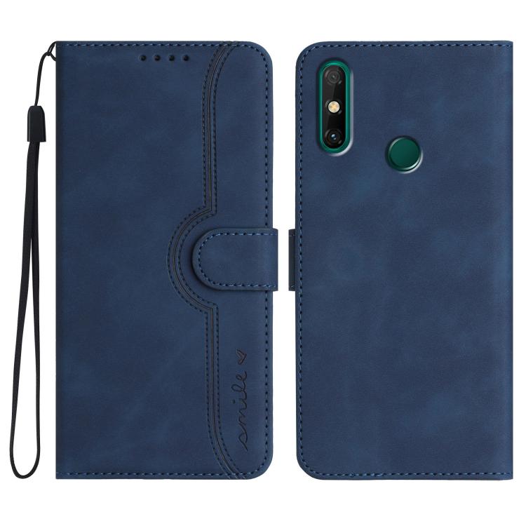 Blue leather wallet-style phone case with wrist strap, stitched panel, and camera cutout