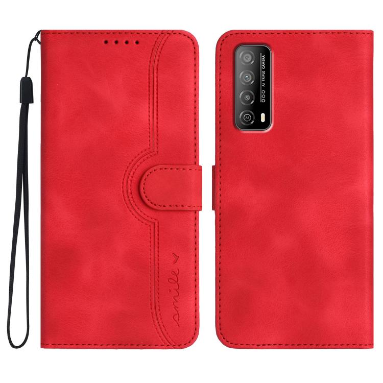 Red wallet-style leather phone case with heart-pattern cutout and wrist strap