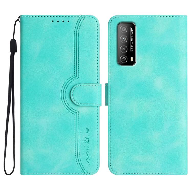 Light blue wallet-style leather phone case with heart-pattern cutout and wrist strap