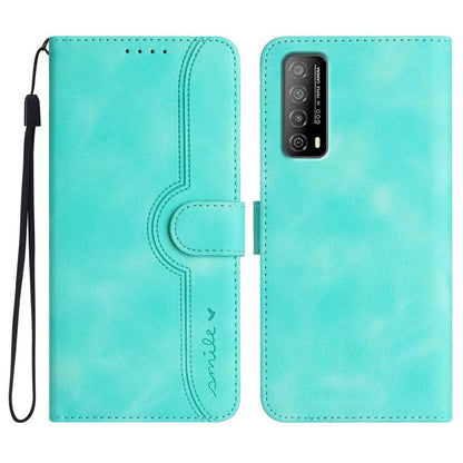 Light blue wallet-style leather phone case with heart-pattern cutout and wrist strap