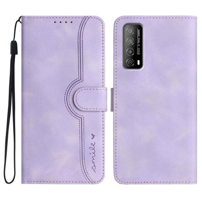 Lavender purple wallet-style leather phone case with heart-pattern cutout and wrist strap