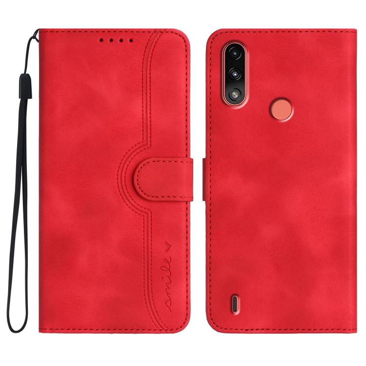 Leather phone case in red with flip cover, card pocket, and wrist strap